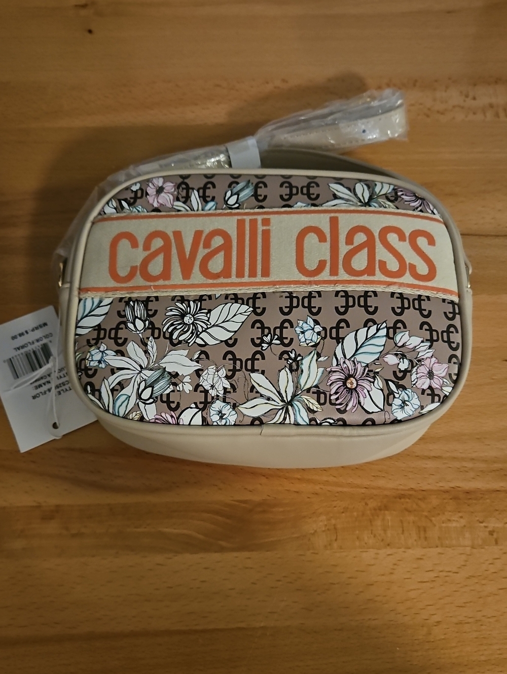 Cavalli Class Beige Floral Logo Crossbody with Coral Accent